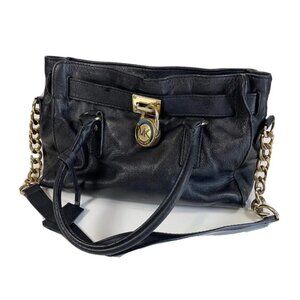 Michael Kors Womens Hamilton Leather Purse Tote Handbag Black S Gold Chain Logo